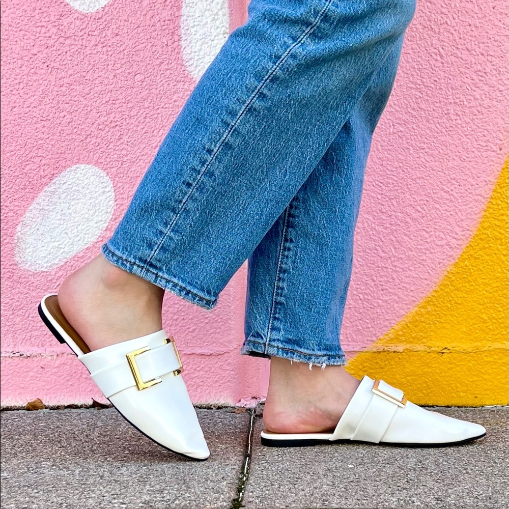⚡FINAL SALE!  White Gold Buckle Mule Flats